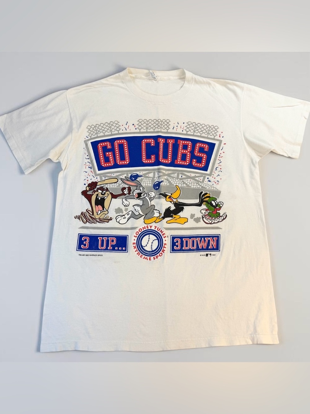 Vintage 90’s Looney Tunes Chicago Cubs Baseball Tee 3Up 3Down Large - Picture 3 of 11